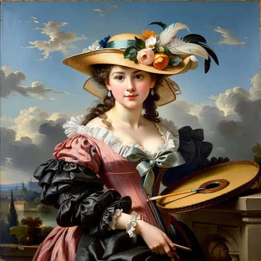 Prompt: Self-portrait in a Straw Hat (French: Autoportrait au chapeau de paille, Dutch: Zelfportret met strohoed) is a self-portrait by the French painter Élisabeth Vigée Le Brun, painted after 1782, in oil on linen, measuring 97.8 by 70.5 centimetres. It has belonged to the collection of the National Gallery in London since 1897.(wikipedia)

Step into the elegant world of Élisabeth Vigée Le Brun's Rococo masterpiece, 'Self-portrait in a Straw Hat,' and reimagine the artist herself as she presents her craft with grace and poise.

Capture the essence of Vigée Le Brun's self-portrait as you depict a charming woman in a feathered hat holding a thin, flat wooden painter's palette adorned with dollops of paint.

Let the soft, flattering style of Vigée Le Brun's painting guide your brushstrokes, as you convey the natural simplicity and modernity of the artist's pose and appearance.

Explore the interplay of light and shadow, paying close attention to the effect of light on the subject's neck and décolleté, and the subtle nuances of expression in her  eyes, delicate nose, and thin lips.

Consider the symbolism of the artist's attire and accessories, from her fashionable 'a la grècque' clothing to her flamboyant straw hat adorned with flowers and ostrich feathers, and the palette and brushes that signify her profession as a painter.

Invite viewers to journey back in time to the Rococo era, where they can immerse themselves in the elegance and sophistication of Vigée Le Brun's world, and appreciate the innovative and modern spirit of her self-portrait.

Whether you choose to work with traditional painting techniques or explore digital mediums, let your creativity soar as you breathe new life into this timeless masterpiece, and pay homage to one of the most celebrated artists of the 18th century." (chatgpt)