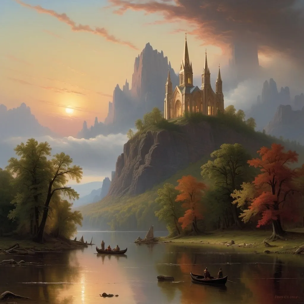 Prompt: Create a UHD, 64K, professional oil painting in the style of Albert Bierstadt, Hudson River School, american scene painting,  traditional religious iconography, The towering cathedral with its elaborate spires and detailed sculptures dominated the skyline a beacon of faith and artistry, The first faint streak of daybreak appeared on the horizon casting a pale light over the sleeping world.