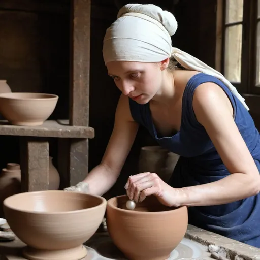 Prompt: "the girl with the pearl earring"   making pottery on pottery wheel