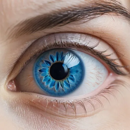 Prompt: Close-up of the eye of a blue eye human. professional quality,  high resolution, photo,