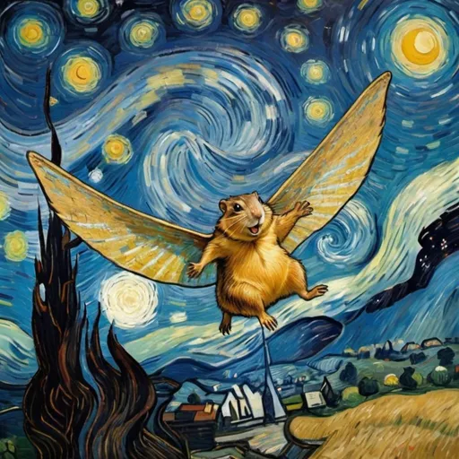 Prompt: A gopher flying on a "magic carpet" in "The Starry Night" by Vincent van Gogh