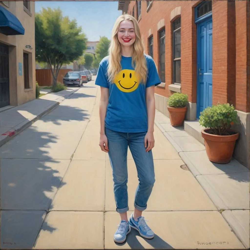 Prompt: a full-length portrait painting, 
27 year-old woman, 
cover with dark freckle,
blue eyes, long blonde hair, 
red lipstick, a smile on her face,
standing on a sidewalk, 
smiley-face  t-shirt, 
long blue jean,
blue tennis shoes,
academic art, renaissance oil painting