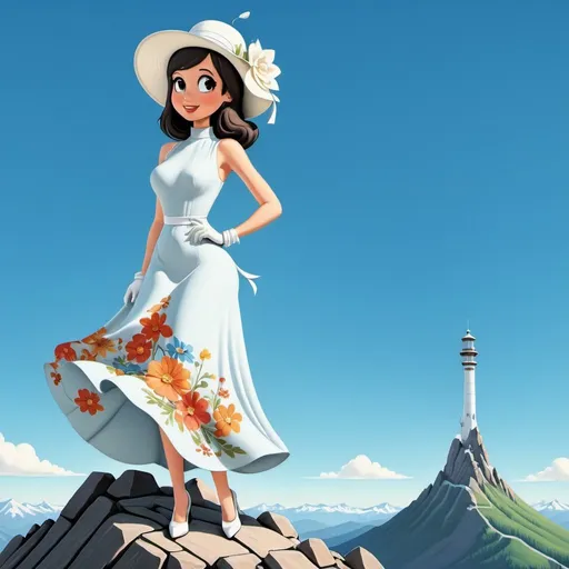 Prompt: a  ((a 21-year-old woman in a long flower print Empire Dress with a high neck line and white hat)) standing on top of a mountain with a blue sky in the background, Ella Guru, symbolism, giantess art, an album cover