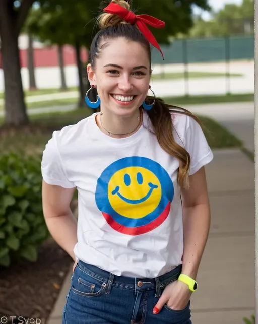 Prompt: portrait,  
(27 year-old woman), 
(a smile on her face),
(earrings with a smiley face on it's earring hooks),  
(smiley-face t-shirt), 
(long blue jean), 
(red and blue tennis shoes),
photo
