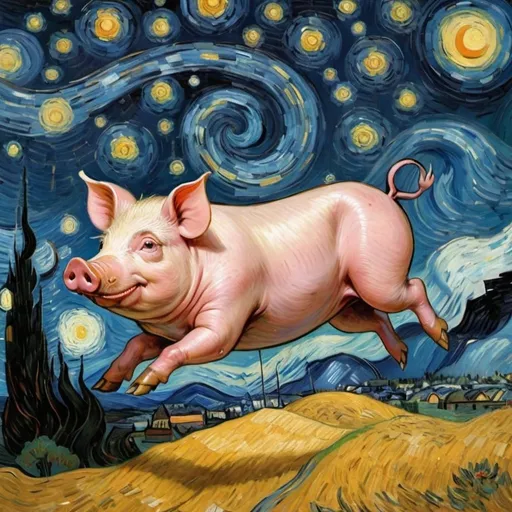Prompt: A pig flying on a "magic carpet" in "The Starry Night" by Vincent van Gogh
