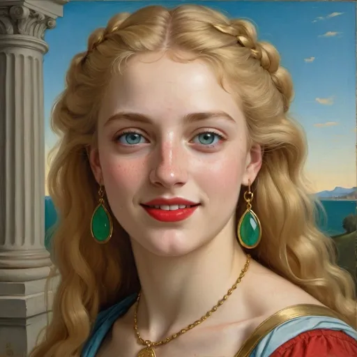 Prompt: a painting of Helen of Troy cover with dark freckle blue eyes  long blonde hair red lipstick  on a smile on her face, "gold earrings" with a green background and a blue sky, Fra Bartolomeo, academic art, renaissance oil painting, a painting 