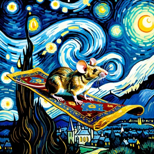 Prompt:  mouse, flying on a "magic carpet" in "The Starry Night" by Vincent van Gogh