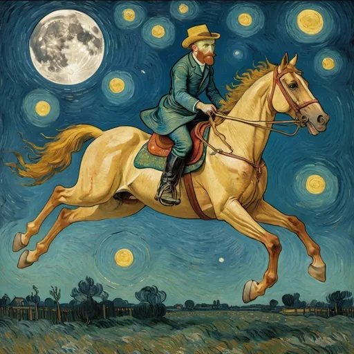Prompt: Vincent van Gogh riding a  horse that is jumping over the Moon.