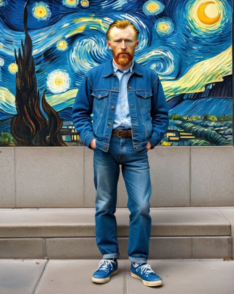 Prompt: a full-length portrait painting,
Vincent van Gogh,
standing on the sidewalk outside the 	Museum of Modern Art  souvenir t-shirt, 
long blue jean,
blue tennis shoes,
n the style of "The Starry Night" by Vincent van Gogh
