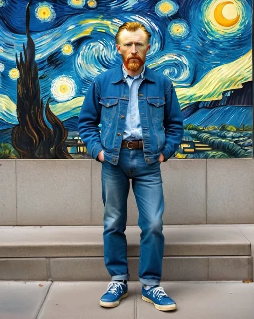 Prompt: a full-length portrait painting,
Vincent van Gogh,
standing on the sidewalk outside the 	Museum of Modern Art  souvenir t-shirt, 
long blue jean,
blue tennis shoes,
n the style of "The Starry Night" by Vincent van Gogh
