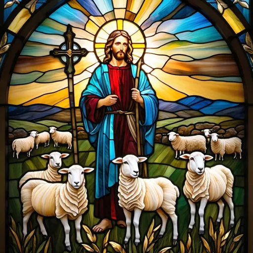 Prompt: a painting of Jesus as the shepherd  in a field of sheep with the sun setting behind him and a shepherd standing in the grass.