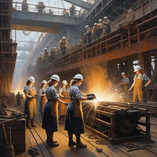 Prompt:  Create a UHD, 64K, professional oil painting in the style of Carl Heinrich Bloch, blending the American Barbizon School and Flemish Baroque influences. Depict a dynamic scene of women building ships in a bustling World War II shipyard. The foreground features a group of determined women dressed in period-appropriate work attire: overalls, bandanas, and gloves. They are engaged in various tasks such as welding, riveting, and assembling large steel components. Sparks fly from welding torches, illuminating their faces with a heroic glow. The backdrop includes massive ship hulls under construction, scaffolding, cranes, and other industrial equipment.

The setting is a hive of activity, with other workers and supervisors visible in the background, coordinating efforts and inspecting progress. The atmosphere is filled with a sense of purpose and resilience, capturing the critical role these women played in the war effort. Natural light filters through the open structures of the shipyard, casting dramatic shadows and highlighting the intricate details of the shipbuilding process. The overall composition emphasizes the strength and determination of these women, celebrating their contribution to the war effort.