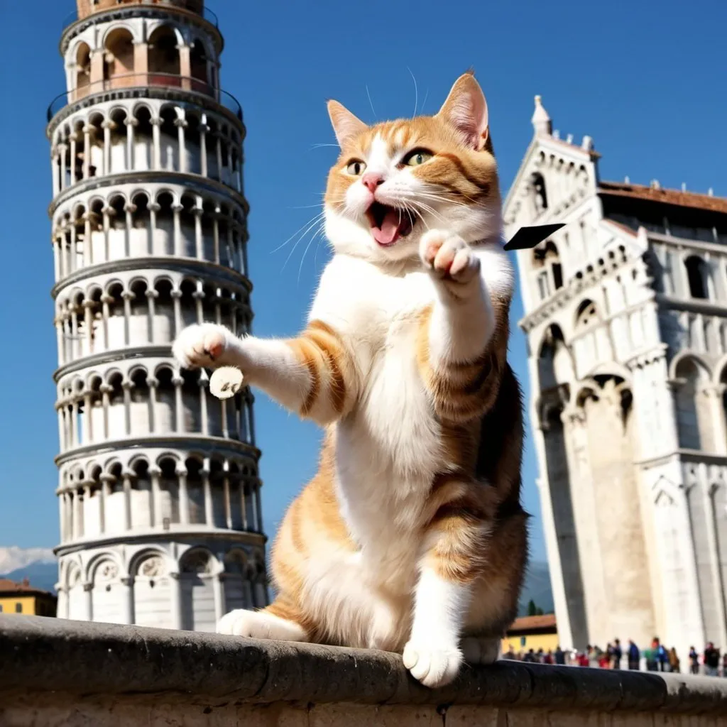 Prompt: a cat  knocking over the leaning tower of pisa