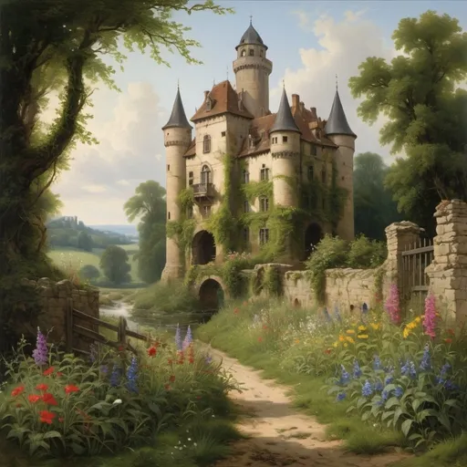 Prompt: a painting of a castle  overgrown with vines and wildflowers  with a path leading to it and flowers in front of it and a fence and a stream in a field with flowers and trees around, The castle itself  though old and ruined in many parts had evidently been at one time a place of considerable strength, in the style of Carl Heinrich Bloch, blending the American Barbizon School and Flemish Baroque influences.  
