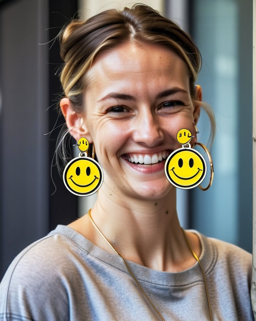 Prompt: portrait,  
(27 year-old woman), 
(a smile on her face),
(earrings with a smiley face on it's earring hooks),  
(smiley-face t-shirt), 
photo
