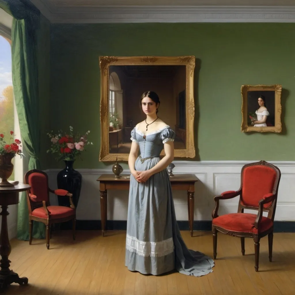 Prompt: a painting of a woman in a dress standing in a room with a chair and a table with a vase on it, Apelles, american barbizon school,Albert Bierstadt, bouguereau, a painting