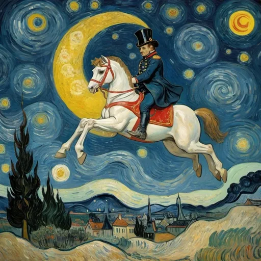 Prompt: a napoleon  riding a "rocking horse" that is jumping over the Moon.  in  "The Starry Night" by Vincent van Gogh