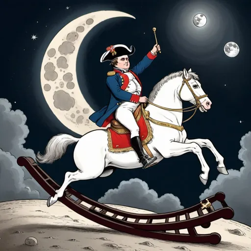Prompt: political cartoon of napoleon  riding a "rocking-horse" that is jumping over the Moon. 