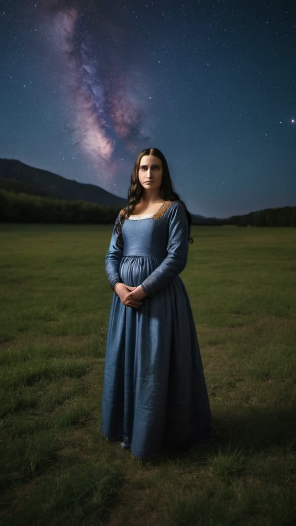 Prompt: Mona Lisa,  standing on ground ,open field , night, milky way, full from head to toe body shot