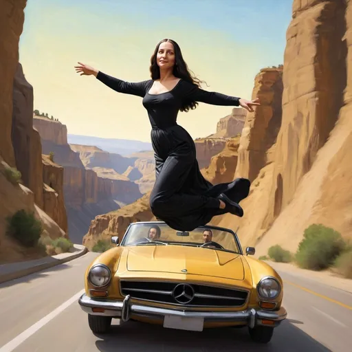 Prompt: Mona Lisa  jumping over a canyon while 
 driving a convertible 