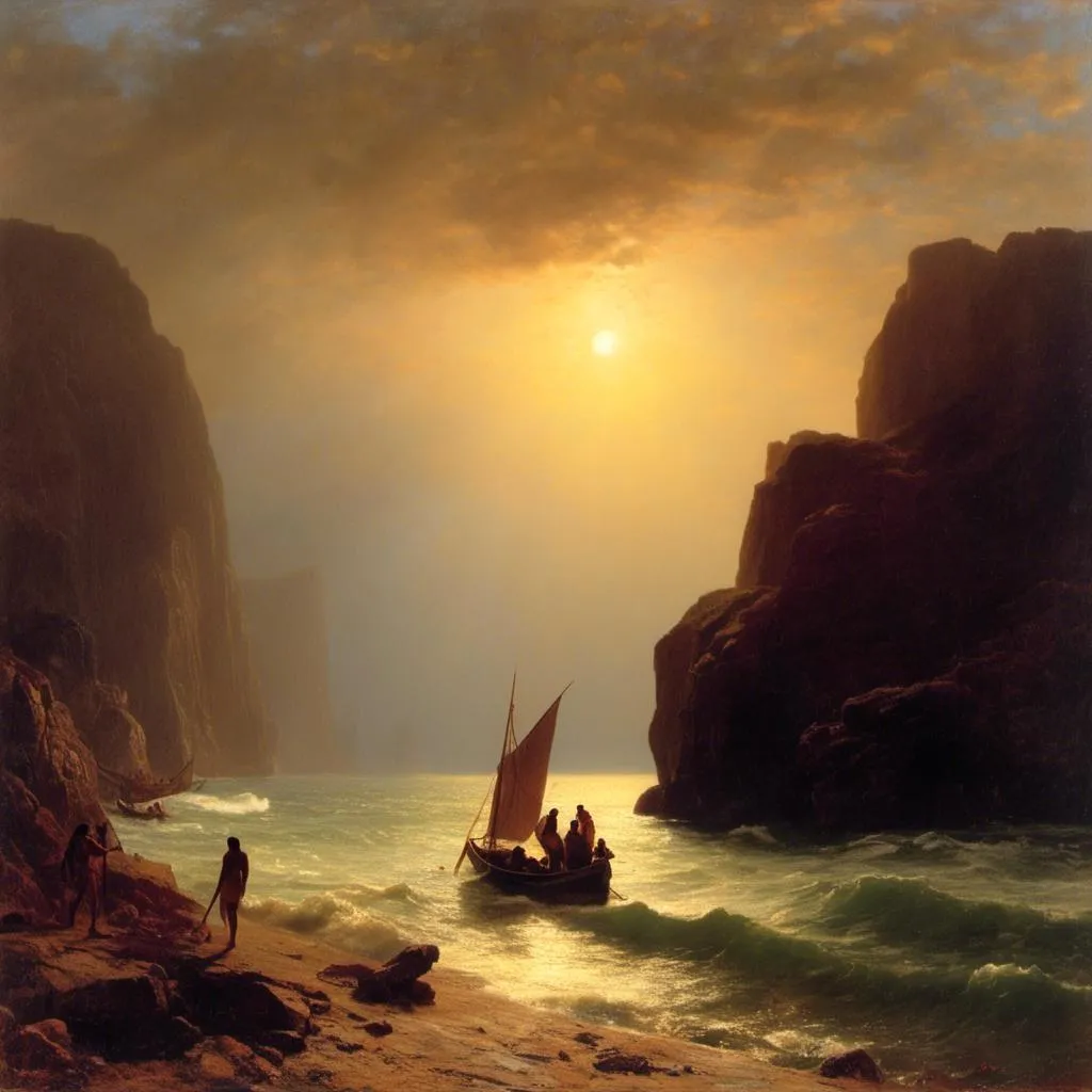Prompt: <mymodel>A painting of Odysseus returning home, in the style of Albert Bierstadt, with dramatic lighting and rich details.