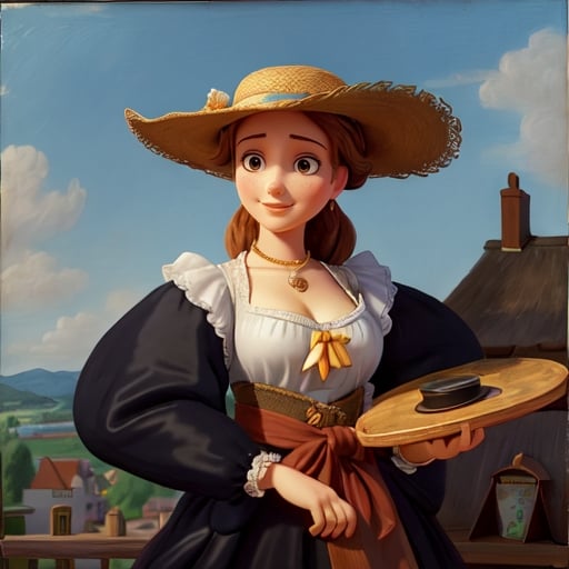 Prompt: a painting of a woman in a hat holding a flat wooden painting pallet with paint on it and a feathered hat on her head, Élisabeth Vigée Le Brun, rococo, painting, a painting

Self-portrait in a Straw Hat (French: Autoportrait au chapeau de paille, Dutch: Zelfportret met strohoed) Self-portrait in a straw hat can be seen primarily as a study of the effect of light, in the spirit of Rubens. Partly because her eyes fall into the shadow of the hat, the viewer's gaze is immediately drawn to the neck lit from below, which widens into her central décolleté. In the other parts of the work she manages to reintroduce the brilliant shine of directly reflected natural light into the spirit of her great example. She shows herself in the open air against a cloud-moving, but calm sky, which contrasts particularly in the colour composition with the multi-coloured depiction of herself as a painter. More than Rubens, who places a strong emphasis on the chest of his model, she portrays herself as a complete, emancipated personality (wikipedia)