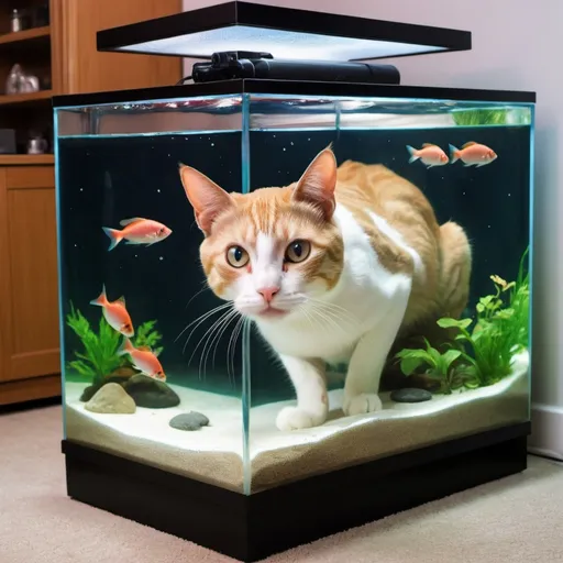 Prompt: cat cover by an upside down fish tank