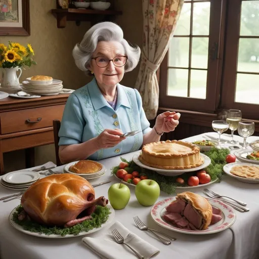 Prompt: mystic pokemon "Grandma's table was spread with her finest linen and on it were all the best dishes and glasses filled with an array of roast meats vegetables and her famous apple pie."