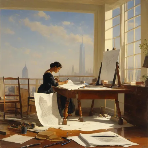 Prompt: <mymodel>painting of a woman drawing a blueprint as she is working as  an architect designing a skyscraper in an office , 
 UHD, 64K