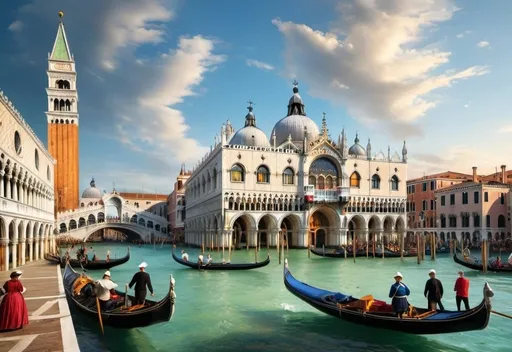 Prompt: Create a vibrant and detailed painting of a bustling Venetian scene reminiscent of Canaletto's style. The composition should include a grand canal filled with gondolas and other boats, showcasing a lively procession or festival. On the left, depict the majestic Campanile di San Marco rising above the scene, and to the right, include the ornate Doge's Palace with its distinctive Gothic architecture. Populate the scene with people dressed in period-appropriate clothing, engaging in various activities such as rowing, conversing, and celebrating. The water should reflect the vivid colors of the boats and buildings, adding to the dynamic atmosphere. Ensure the sky is clear with soft clouds, allowing the sunlight to enhance the architectural details and the festive mood of the scene. Capture the essence of historical Venice, emphasizing its rich culture and lively spirit.
