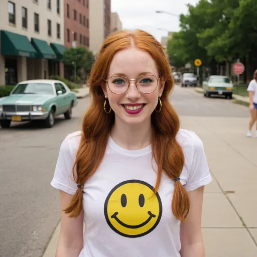 Prompt: the woman is 25-year-old, green eyes. cover with dark freckle. long ginger hair ginger in a French braid. wearing lipstick red. broad rimmed eyeglasses purple.

the is  woman wearing a WHITE t-shirt. 

the WHITE  t-shirt has the classic  1970s  yellow smiley face on it.

 the woman is wearing  earrings.

the earrings  has the classic  1970s  yellow smiley face on them.

 the woman is wearing   blue jean, and tennis shoes.

the woman is  standing on her feet on a sidewalk
