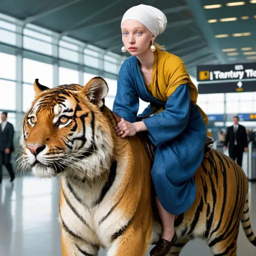 Prompt: "the girl with the pearl earring" riding a   Tiger  in  an airport