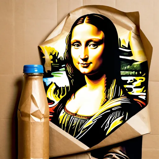 Prompt: Mona Lisa smiling while drinking from glass bottle wrap in a wrinkled brown paper.