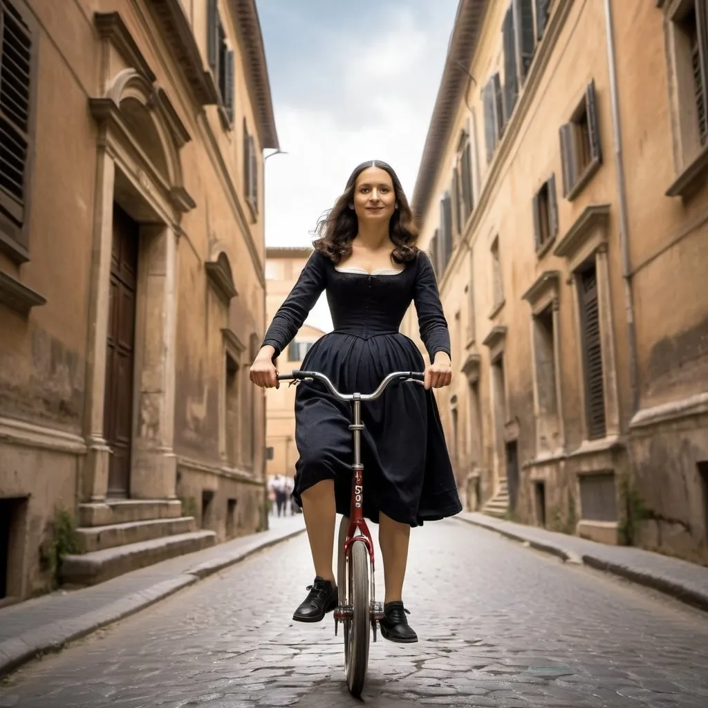 Prompt: Mona Lisa riding a Unicycle in the ancient city of Rome