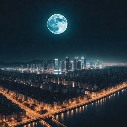 Prompt: a city at night with a full moon in the sky and a river running through it with a city below, Alena Aenami, art photography, full moon, a matte painting