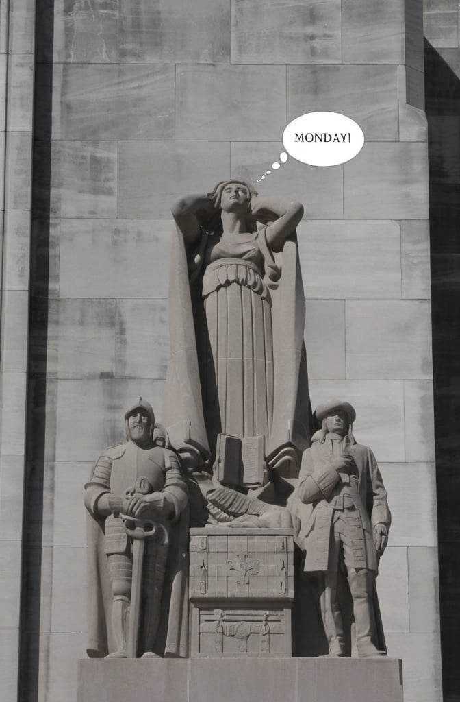 Prompt: The statue  The Pioneers (Louisiana State Capitol, Baton Rouge)  that id thinking  Monday on it's side, with a statue of a woman with a hat and two men, Art & Language, arts and crafts movement, wpa, an art deco sculpture