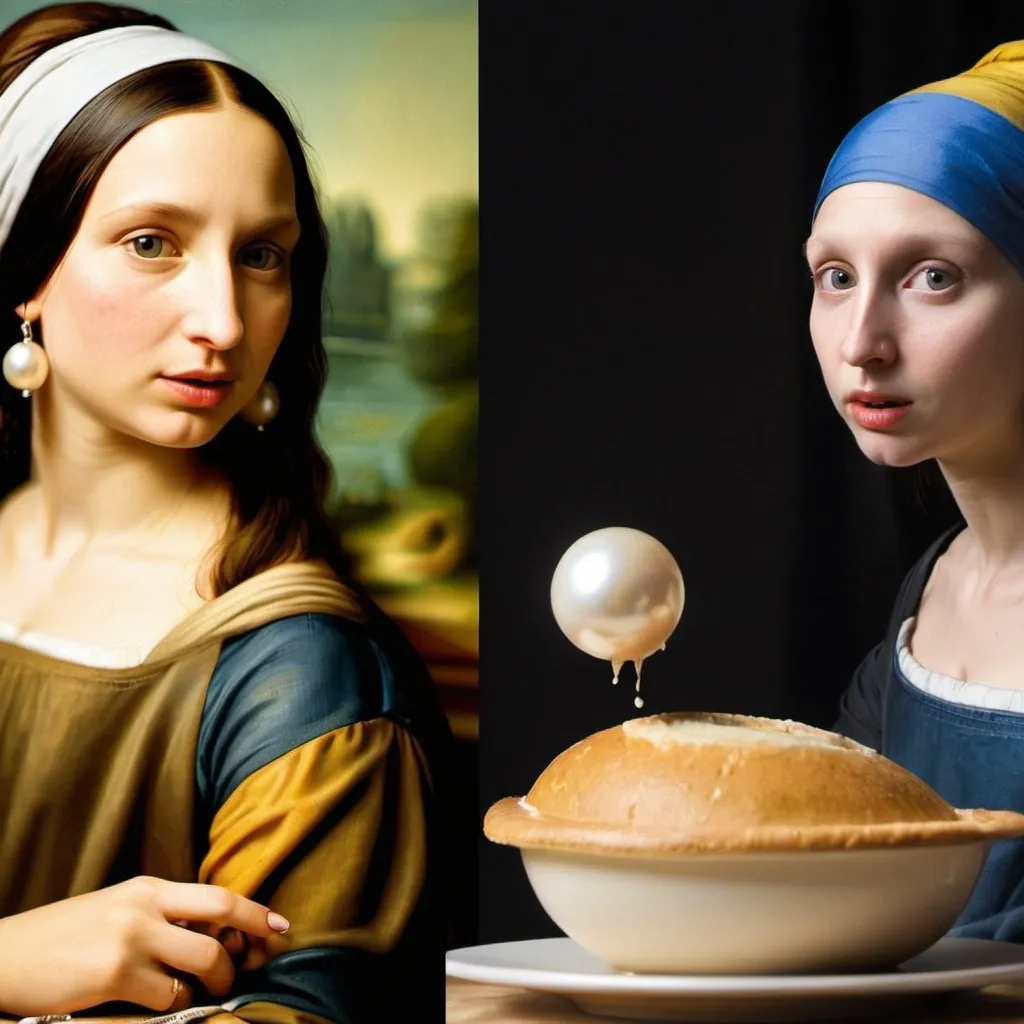 Prompt: "Mona Lisa"  and "Girl with a Pearl Earring" in  a food fight 