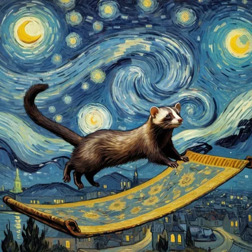 Prompt: A "Polecat"  flying on a "magic carpet" in "The Starry Night" by Vincent van Gogh