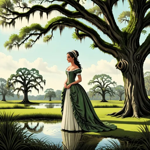 Prompt: "Journey back to the romantic and mystical atmosphere of 18th-century French Louisiana as you depict the iconic figure of Evangeline standing beneath the spreading branches of a majestic oak tree draped in Spanish moss. Let the soft, ethereal light of the bayou filter through the moss and leaves, casting gentle shadows on Evangeline's figure.

Capture the depth of Evangeline's emotions as she gazes out across the tranquil waters of the bayou, her eyes filled with longing and hope as she waits for her forever lost love, Gabriel. Infuse your artwork with a sense of melancholy and nostalgia, reflecting Evangeline's enduring devotion and the timeless themes of love and loss.

Experiment with color, texture, and brushstrokes to convey the lush beauty of the Louisiana landscape and the timeless allure of Evangeline's character. Whether you choose to depict her in a moment of quiet contemplation or with a hint of movement as a gentle breeze stirs the moss and ripples the water, let your imagination transport viewers to a world of romance and enchantment.