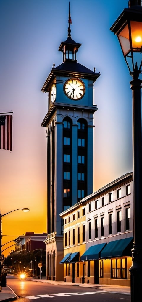 Prompt: a tall building with a clock on the top of it's tower and a street light in front of it, Dave Arredondo, regionalism, sunset lighting, a photo