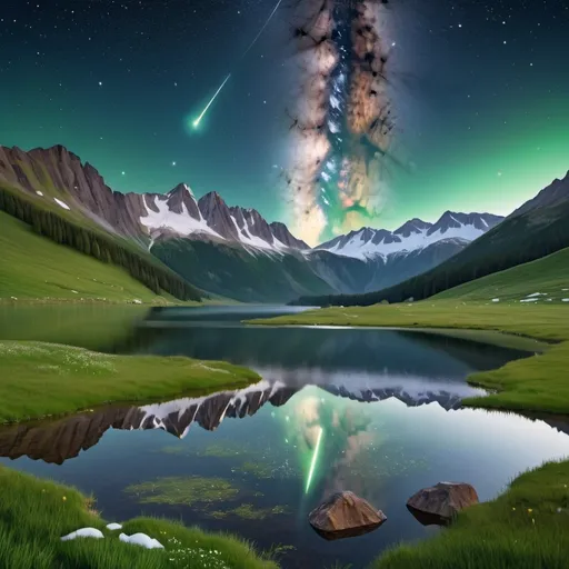 Prompt: an image showing the hope of new day. looking east. In foreground there is green meadows and large reflecting lake. the distended horizons of rugged mountains with snow on the peaks. The sky is completely clear of clouds. the sky is fill with the stars, milky way.  to the east there is a  very bright green bolide  falling.




