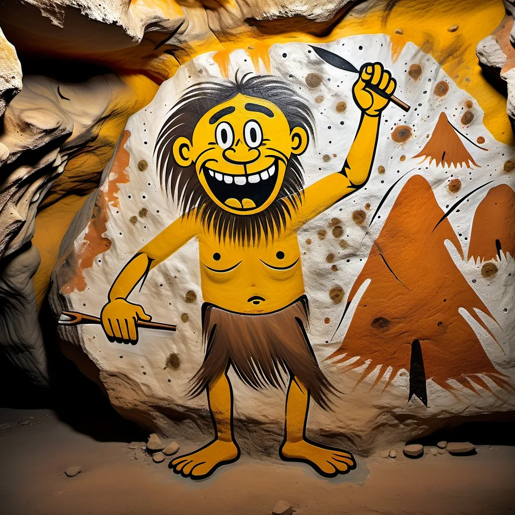 Prompt: prehistoric Neanderthal  painting the first smiley on a cave wall.