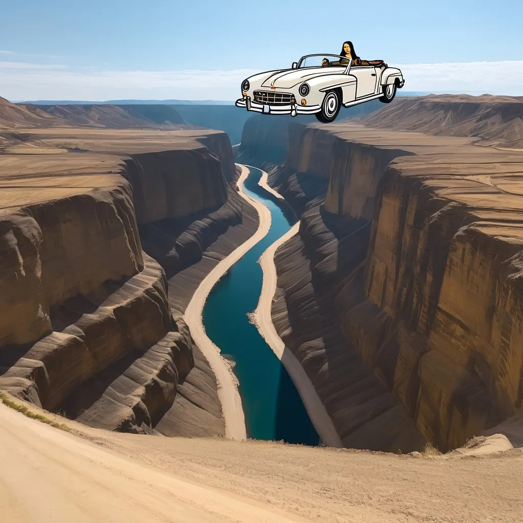 Prompt: a car is flying over a canyon with a river in it and Mona Lisa  is sitting in the in  car, Mona Lisa in the convertible. Mona Lisa's hands is on the steering wheel of the convertible. Mona Lisa is driving the convertible.