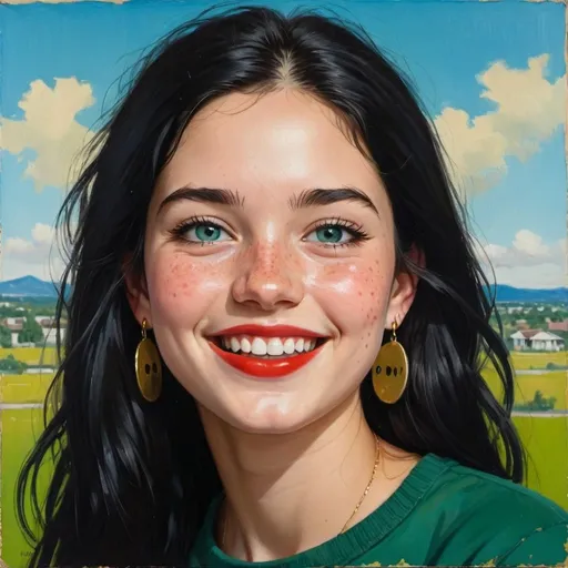 Prompt: a half-length portrait painting,
20 year-old college woman,
cover with dark freckle,
blue eyes,
long black hair,
red lipstick,
a smile on her face, 
black-smiley-face- ON-gold-earrings,  
T-shirt, 
with a green background and a blue sky,
1970s oil painting,
