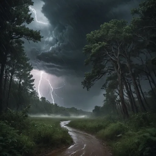 Prompt: "A fierce thunderstorm swept down with a noise like the roaring of a thousand devils, and the wind howled through the forest with a wild, unearthly wail."