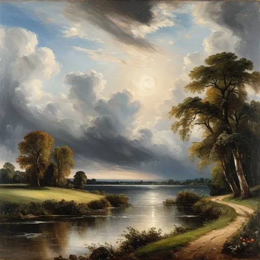 Prompt: Create a oil painting in the style of John Constable, Romanticism,  Depict, the horizon to the zenith's height,