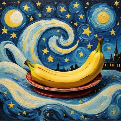 Prompt: Create a vibrant and surreal artwork inspired by Vincent van Gogh's 'The Starry Night.' Depict a scene where a banana split is soaring through the night sky on a magic carpet, amidst the swirling stars and crescent moon. Infuse the piece with a sense of wonder and enchantment, capturing the spirit of adventure and the unexpected.