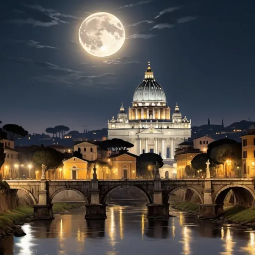 Prompt: A Basilica in the city of Rome at night, The evening darkened over and by-and-by the church clock struck eight and the bells pealed announcing the hour of prayer The night was still and serene and lovely was the moon's pure light,  Create a UHD, 64K, professional oil painting in the style of Carl Heinrich Bloch, blending the American Barbizon School and Flemish Baroque influences.