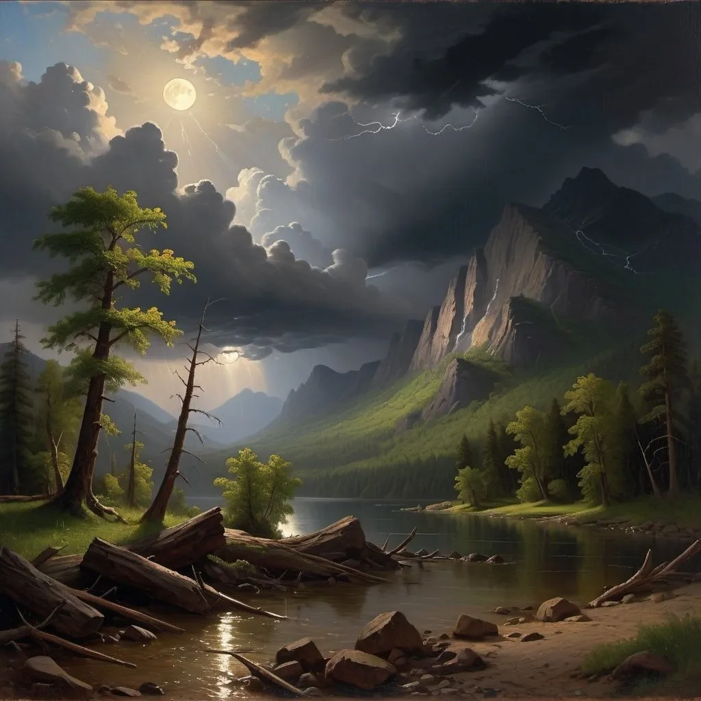 Prompt: Create a UHD, 64K, professional oil painting in the style of Albert Bierstadt, Hudson River School, american scene painting, Depict a It was a stormy night
The storm roared and rumbled in the mountains The storm increased The thunder rolled and the rain continued to beat with unabated fury
and the moon had sunk behind the dark summits of the mountains
 leaving only a dim and uncertain light.
