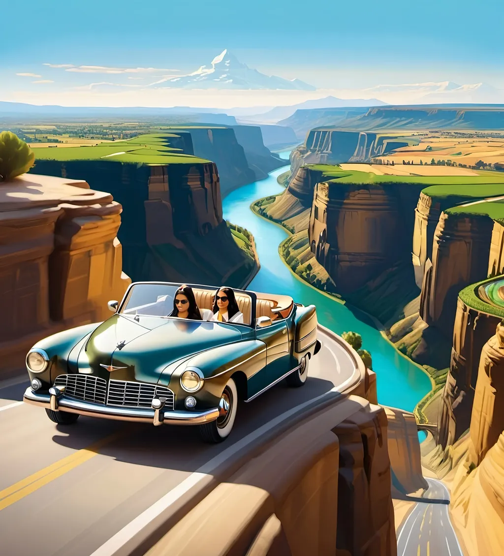 Prompt: a car is flying over a canyon with a river in it and Mona Lisa  is sitting in the in  car, Mona Lisa in the convertible. Mona Lisa's hands is on the steering wheel of the convertible. Mona Lisa is driving the convertible.